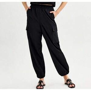 NEW INTEMPO Black Cargo Jogger Pants XL Women Relaxed Fit Elastic Waist Pull On